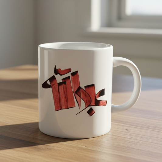 White mug with red and black Arabic calligraphy on a wooden table
