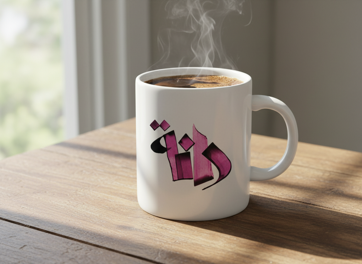 White mug with Arabic calligraphy design on a wooden surface