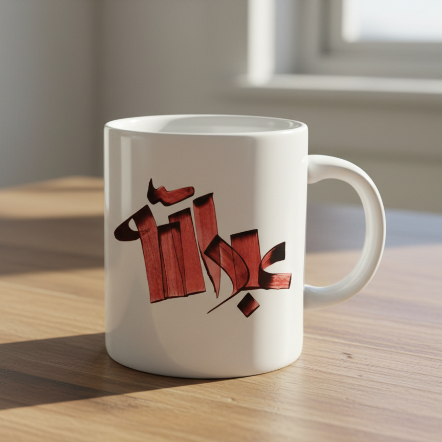 White mug with red and black Arabic calligraphy on a wooden table