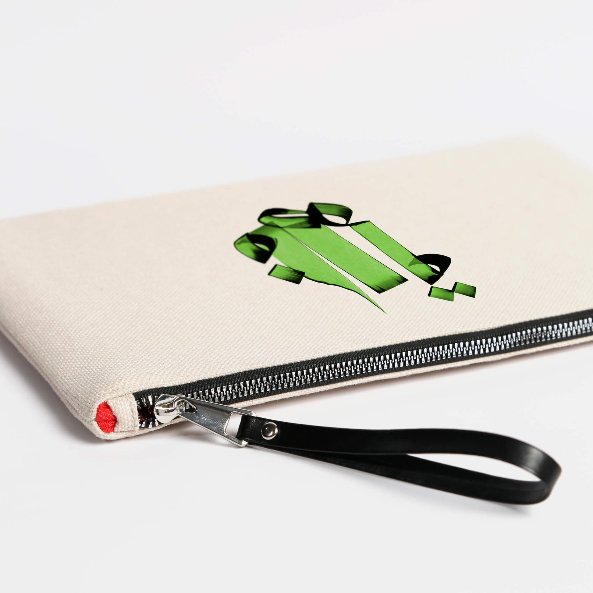 Personalized Arabic Pouch for Storing Makeup and Essentials in green color print and zip view