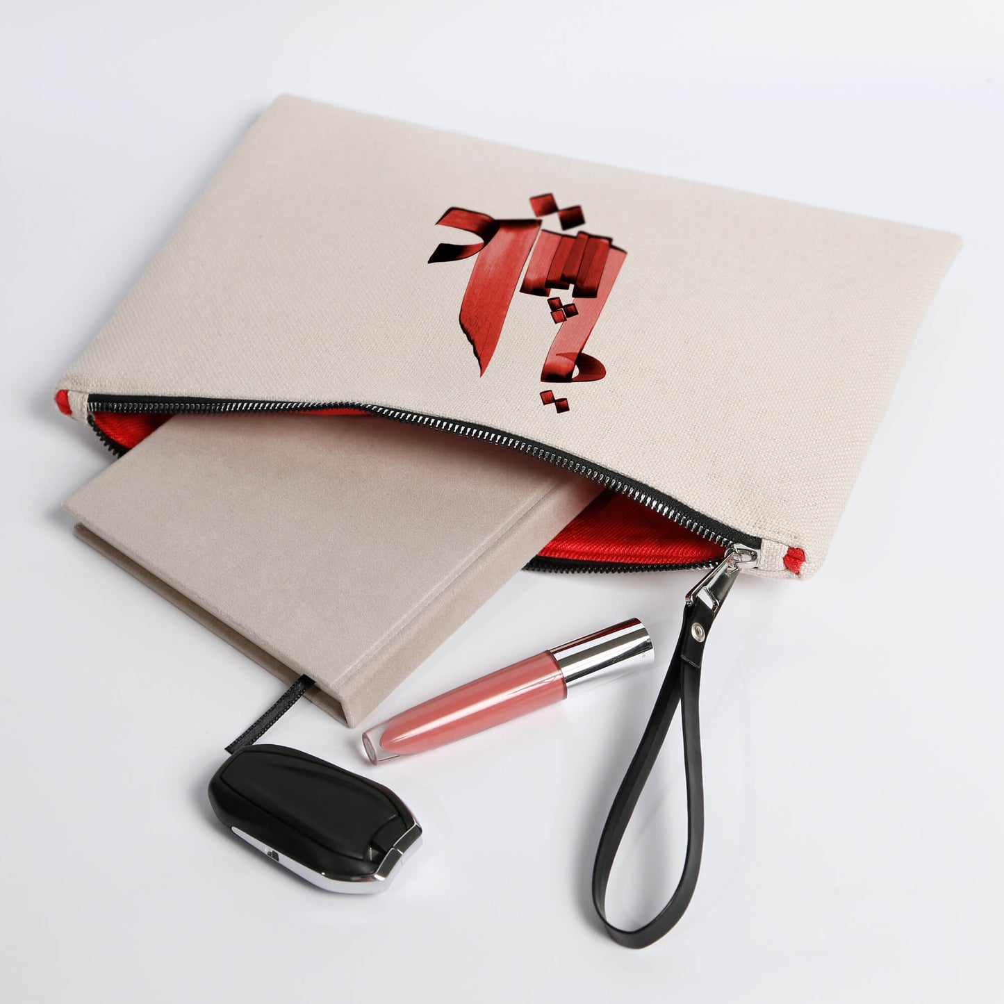 Personalized Arabic Pouch for Storing Makeup and Essentials in red color set and holding notebook