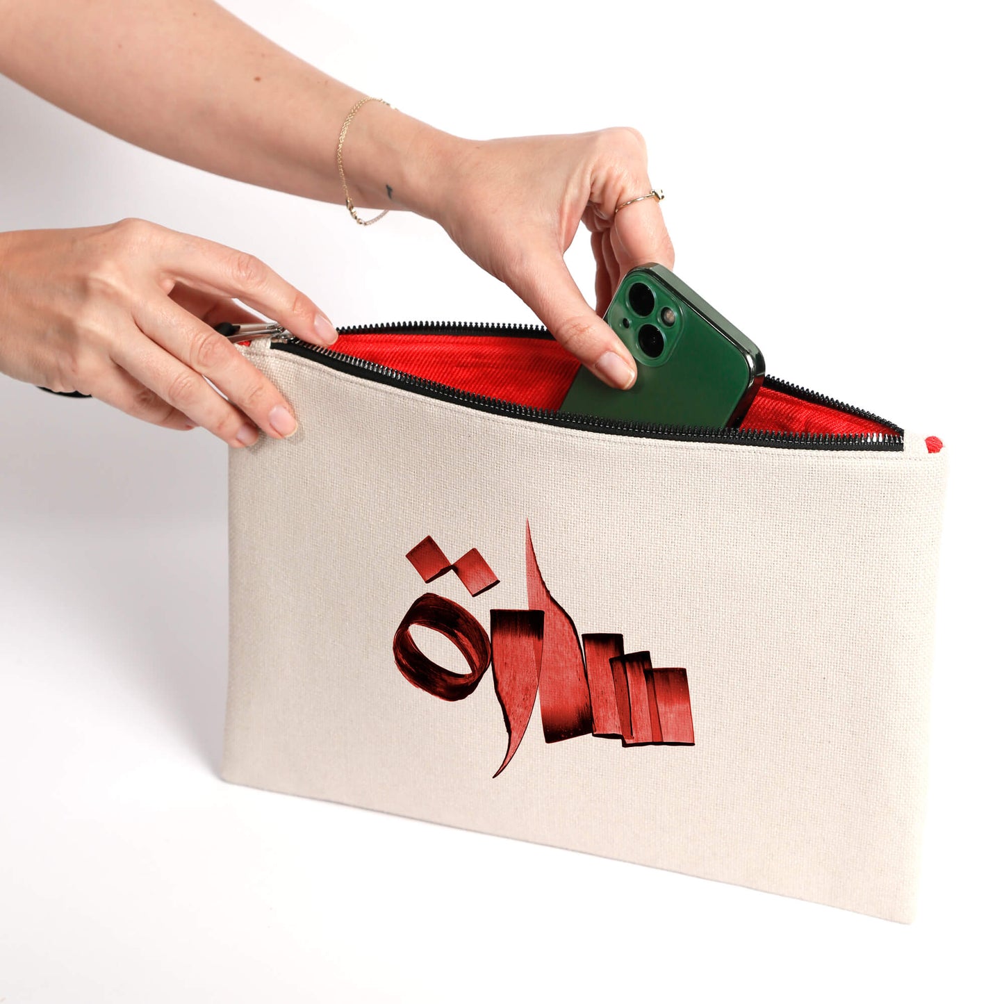 Personalized Arabic Pouch for Storing Makeup and Essentials holding phone