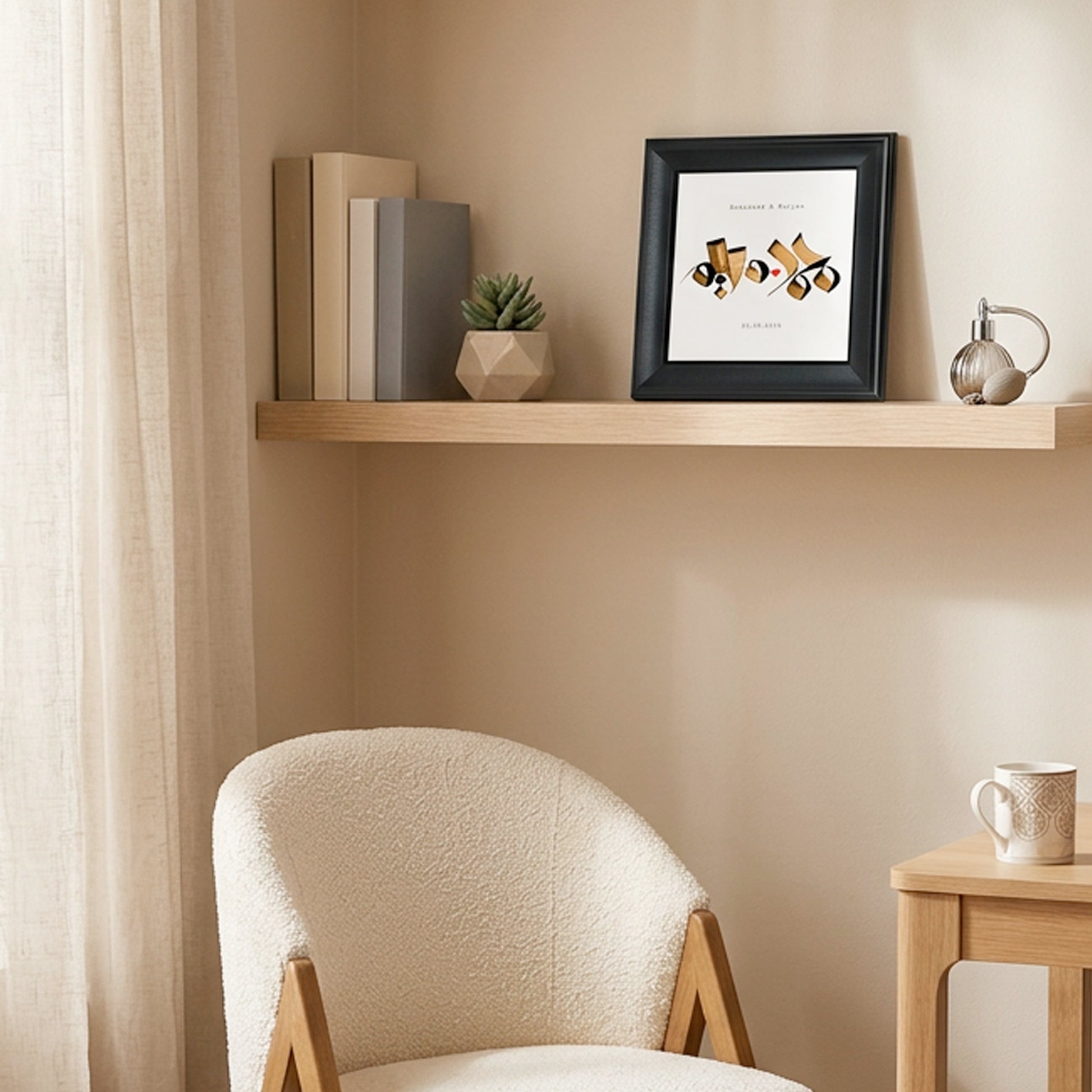 Custom Arabic name wall art frame styled on a wooden shelf at home