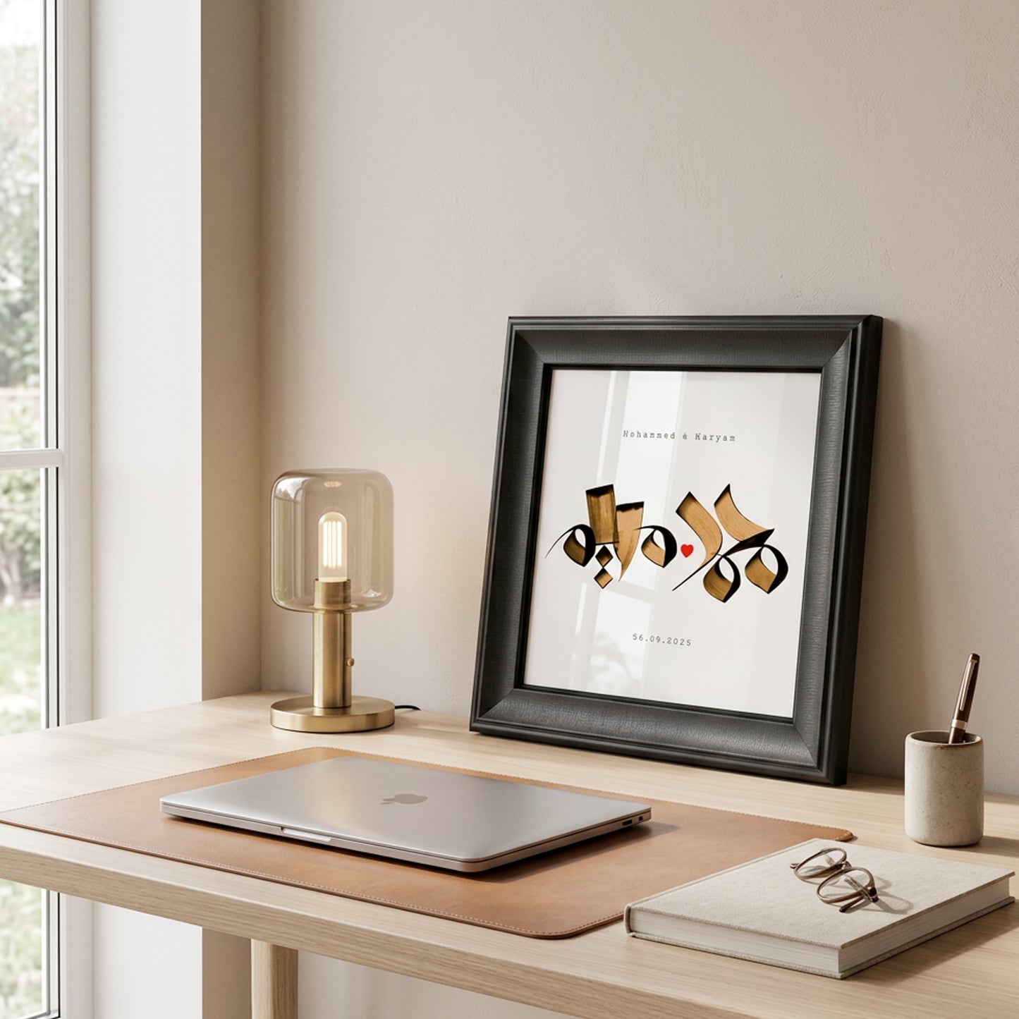 Close-up of custom Arabic calligraphy name in an elegant 30x30 cm wall frame