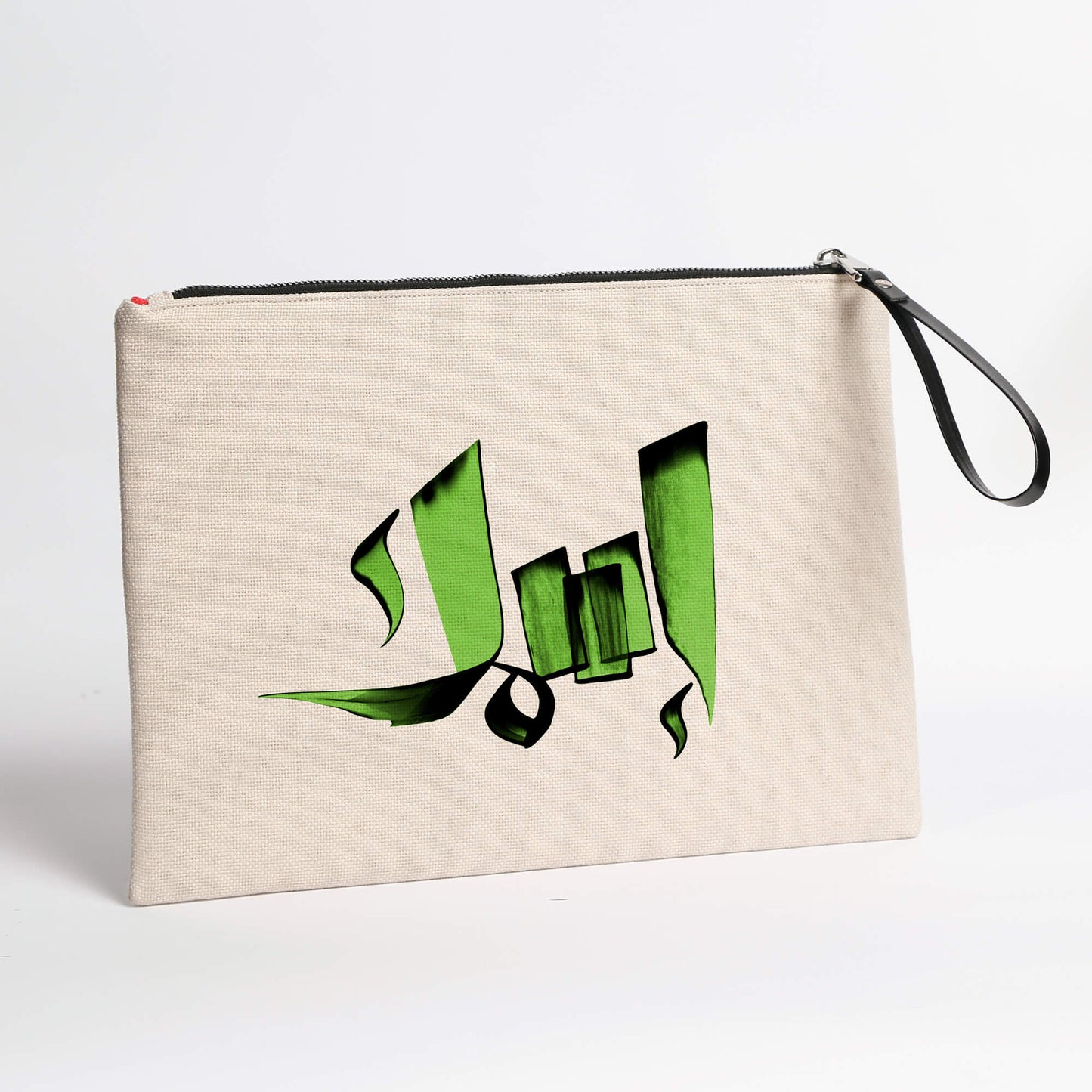 Personalized Arabic Pouch for Storing Makeup and Essentials with green name printed on it